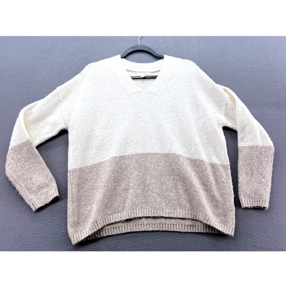 THE Korner Sweater Womens S Colorblock V-Neck Cream Tan Wool Blend